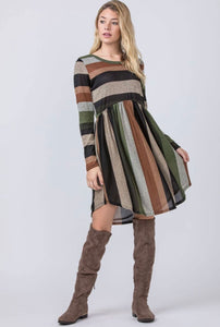 Olive Black Stripe Curved Hem Midi Dress