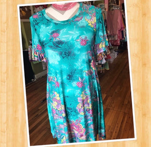 Green Floral Dress w/Pockets and Ruffle Sleeves