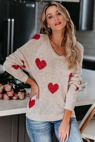 Cream V Neck Sweater w/Red Hearts