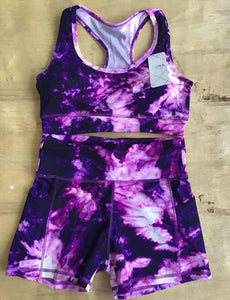 Purple Tie Dye Athletic Crop Top and Shorts w-Pockets