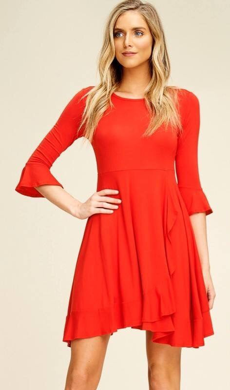 Red Ruffle Dress with 3/4 Bell Sleeves
