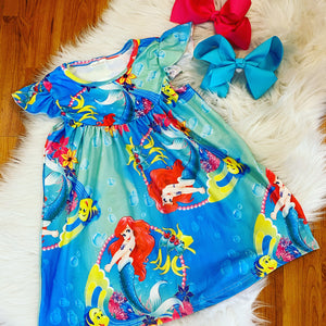 Blue Little Mermaid Flutter Sleeve Dress
