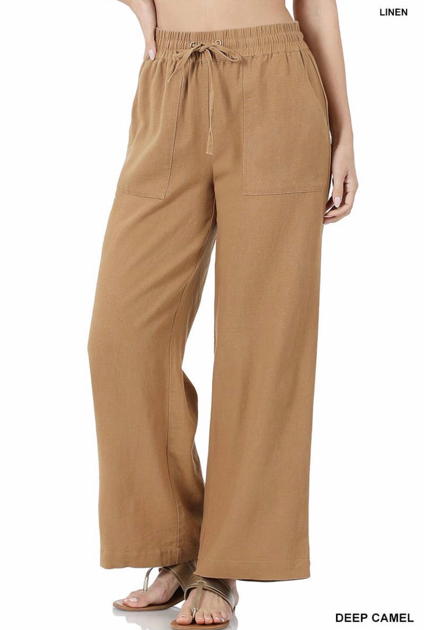 Deep Camel Soft Linen Drawstring Waist Pants w/Pockets