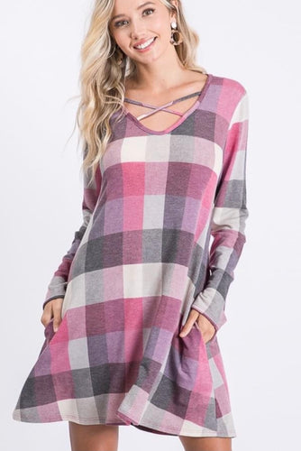 Purple Plaid Criss Cross Neck Swing Dress