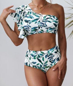 White 2pc Floral One Shoulder Top and High Waist Bottom