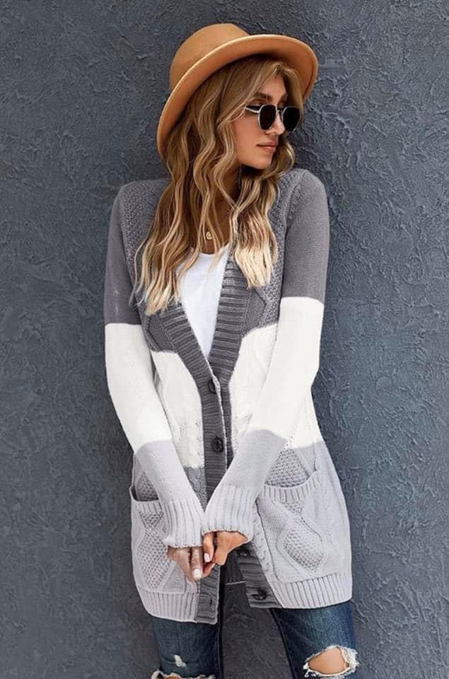 Grey Color Block Cable Knit Sweater