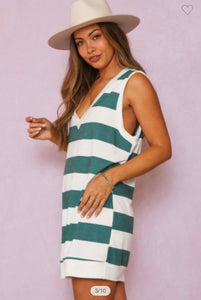Green and White Striped V Neck Tunic Dress