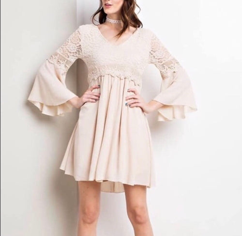 Cream Boho V Neck Dress with Bell Sleeves