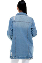 Blue Medium Wash Distressed 3/4 Denim Jacket