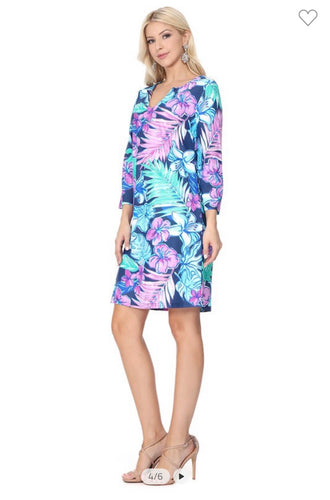 Purple Floral 3/4 Sleeve Sheath Dress