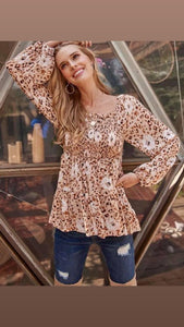 Tan Floral and Leopard Print Smocked Top