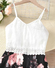 White Lace Black Floral Satin Dress