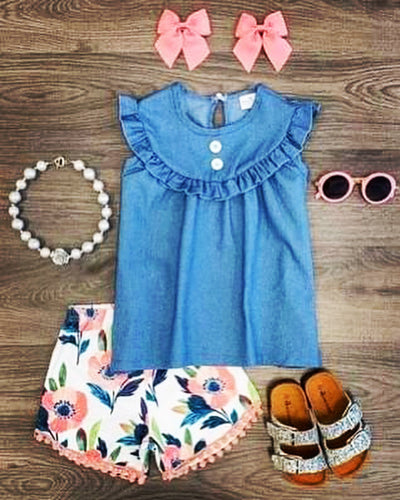 Blue 2pc Denim Floral Short Set
