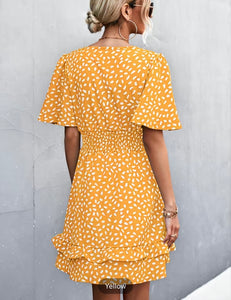 Yellow V Neck Polka Dot Smocked Waist Flutter Sleeve Dress