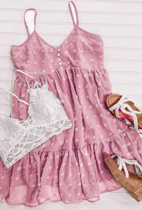 Pink Swiss Dot Slip Mini Ruffle Hem Dress