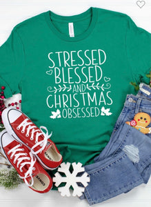 Red Stressed, Blessed and Christmas Obsessed Tee