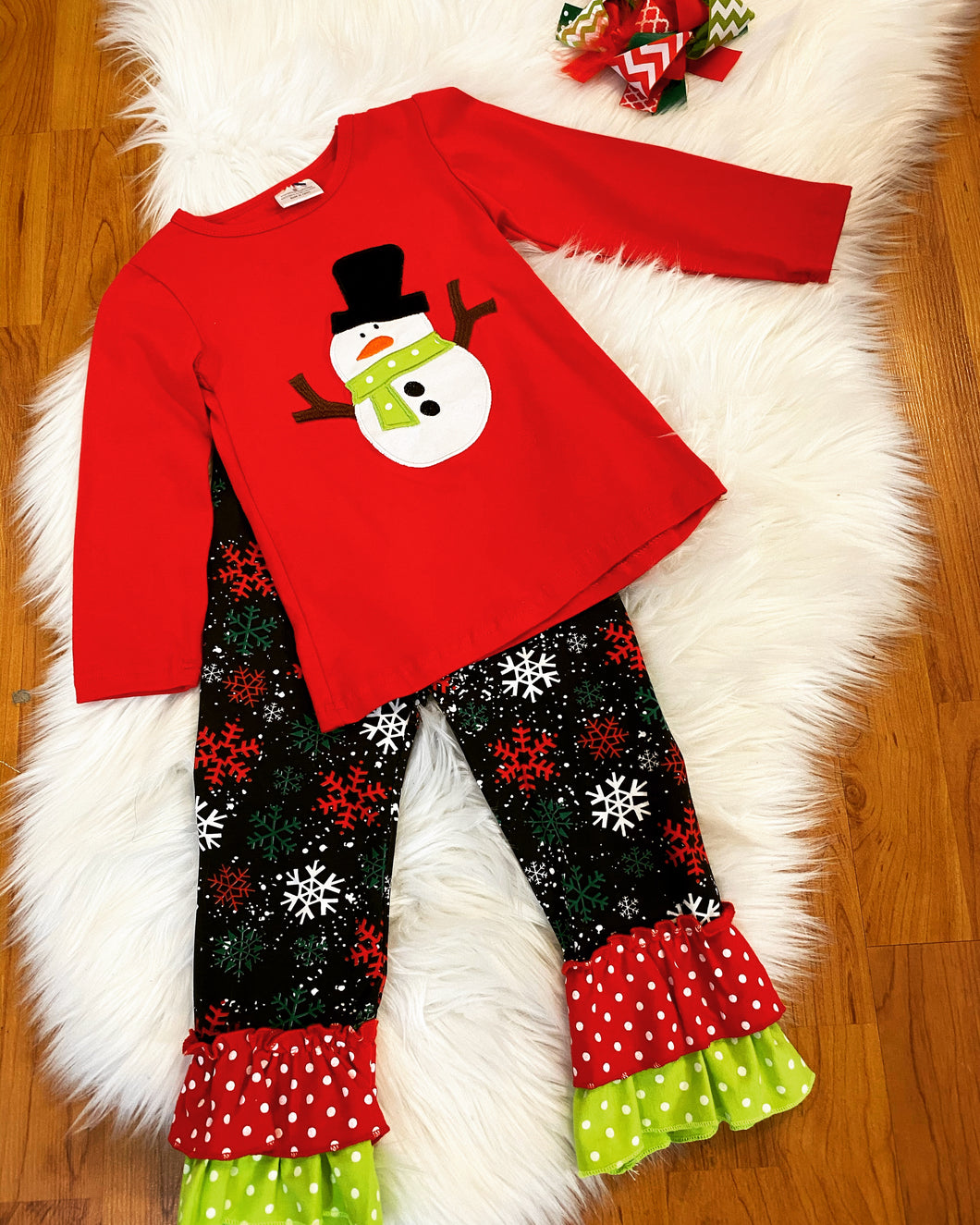 Red Snowman Top w/Matching Snowflake Ruffle Pants