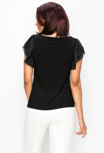 Black Round Neck Flutter Ruffle Sleeves Mix Media Top