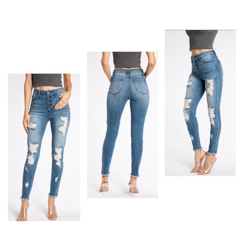 Kancan High Rise Button Fly Distressed Skinny Jeans