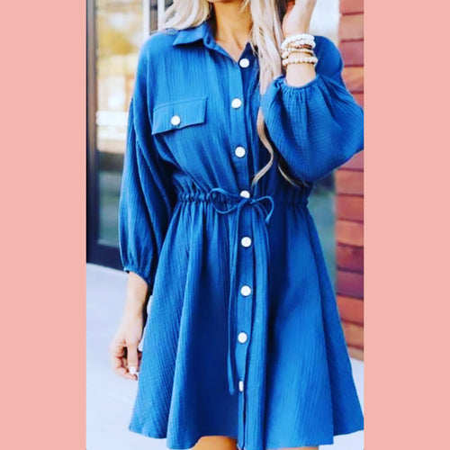 Cobalt Blue Drawstring Balloon Sleeve Dress