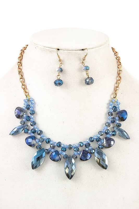 Blue Faceted Bib Necklace Set