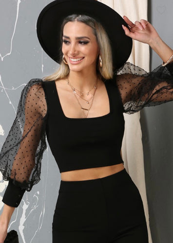 Black Crop Top w/Sheer Puff Sleeves