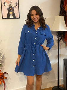 Cobalt Blue Drawstring Balloon Sleeve Dress