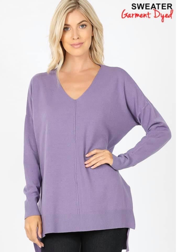 Lavender V Neck Ribbed Hem Sweater