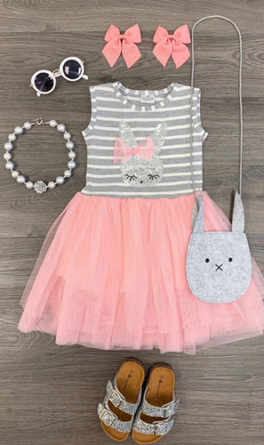 Grey Striped Pink Tutu Sequin Bunny Dress