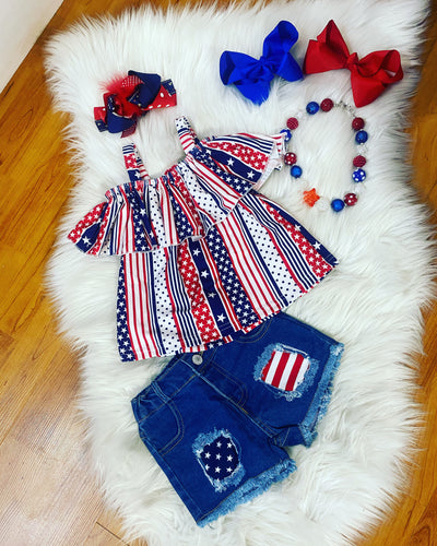 Red, White, Blue 2pc Top and Denim Shorts w/Adjustable Waist