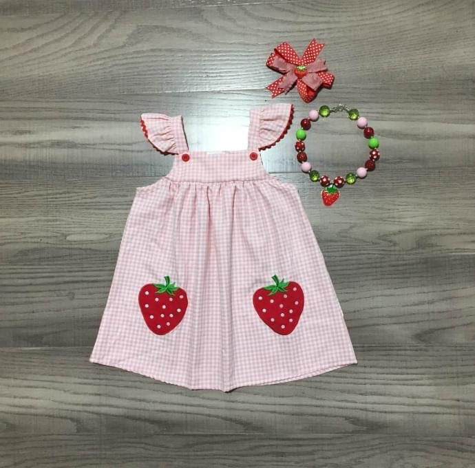 Pink Gingham Strawberry Flutter Sleeve Dress