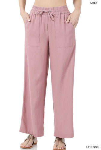 Ash Rose Soft Linen Drawstring Waist Pants w/Pockets