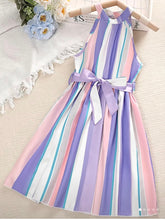 Purple Striped Belted Halter Dress