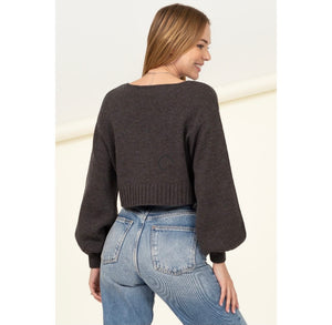 Charcoal Grey Long Puff Sleeve Cropped Sweater
