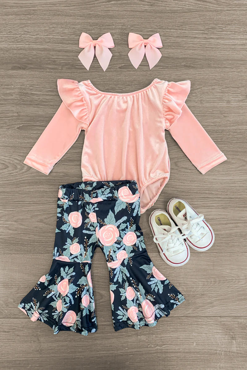 Pink Soft Velvet Bodysuit and Matching Floral Bell Bottoms