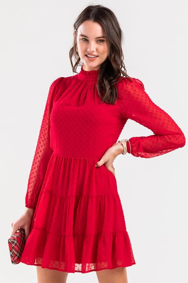 Red Swiss Dot Long Sleeve Tier Ruffle Dress