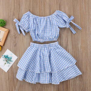 Blue Checkered Girls 2pc Crop Top Outfit