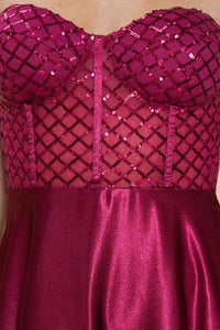 Berry Strapless Sequin Corset Top Satin Prom Dress