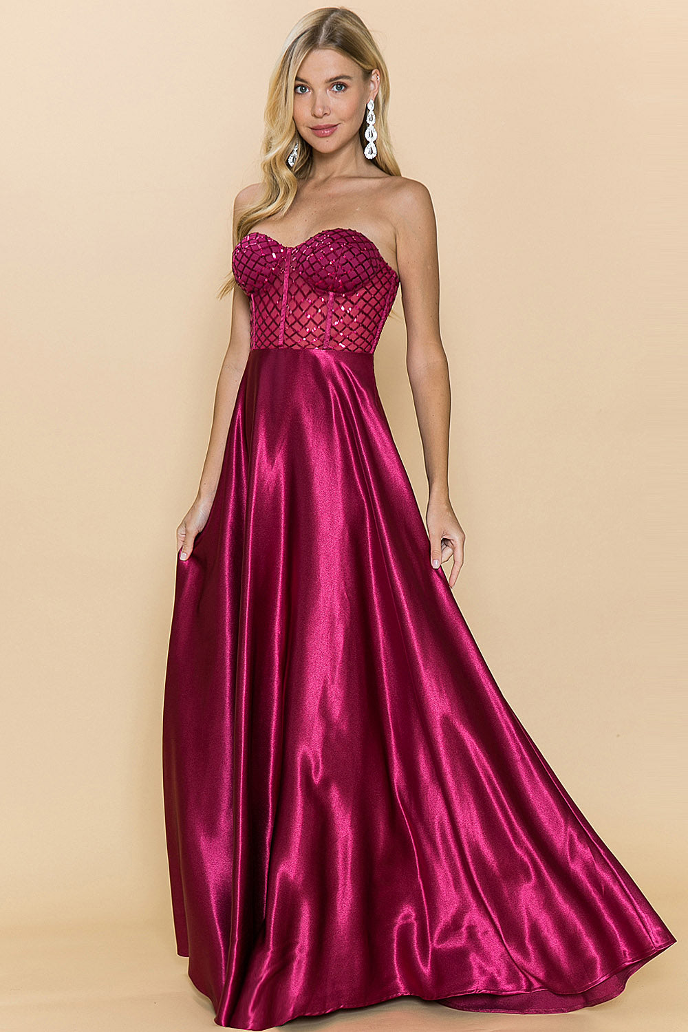 Berry Strapless Sequin Corset Top Satin Prom Dress Pretty In Pink Boutique, LLC Berry Strapless Sequin Corset Top Satin Prom Dress Pretty In Pink Boutique, LLC