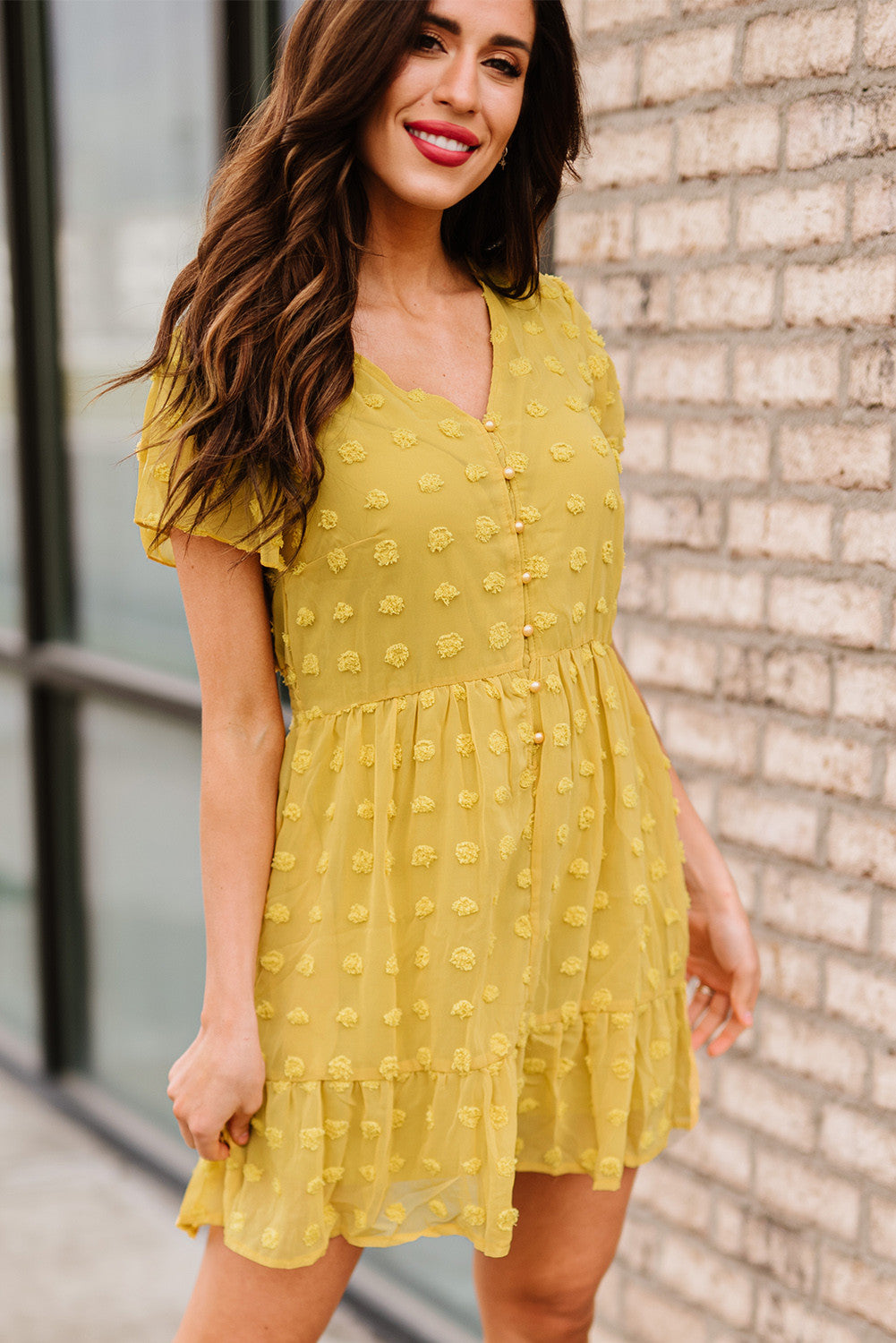 Yellow Swiss Dot V Neck Ruffle Dress